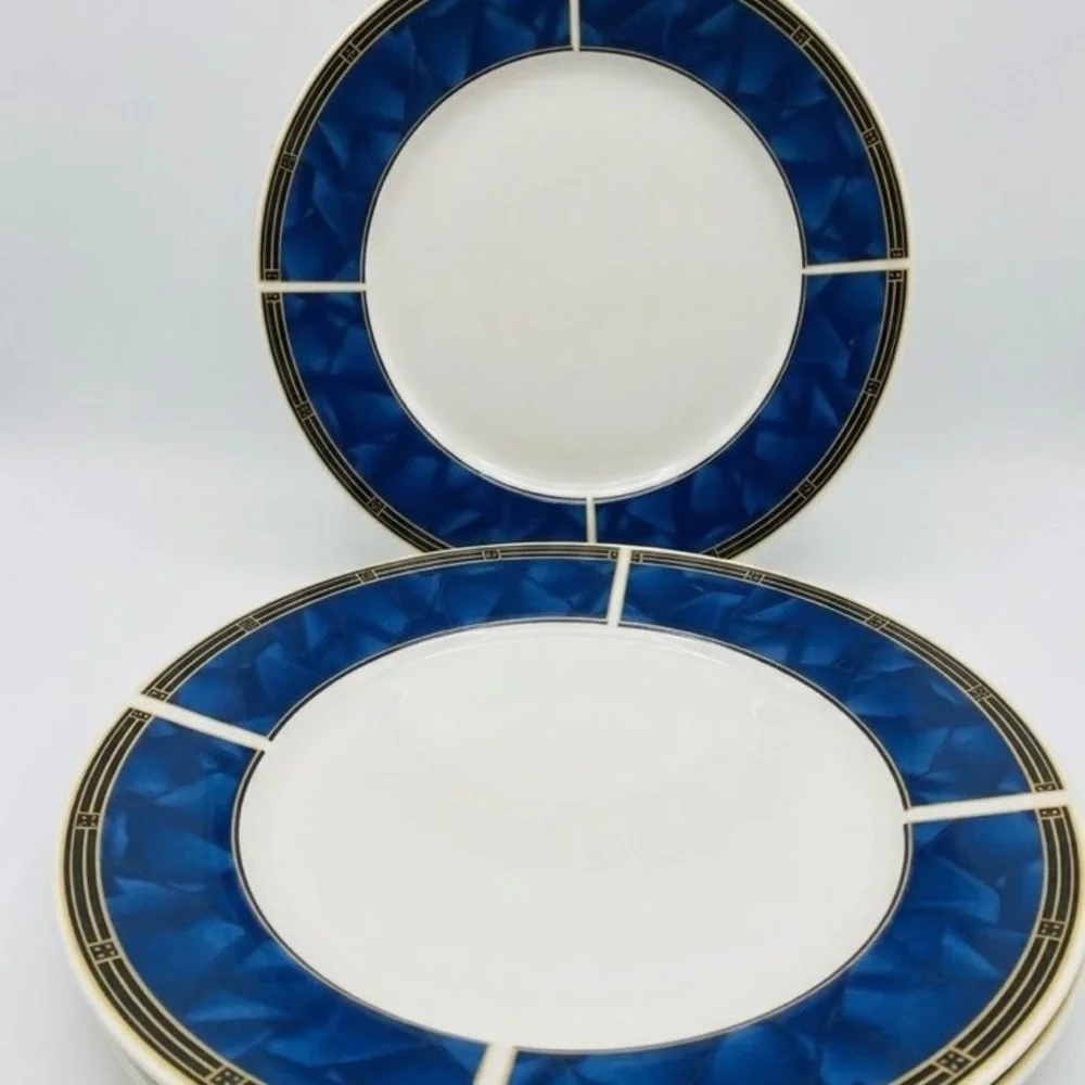 4 VTG Sapphire Sango 8822 MCM Stoneware Blue White Yellow 10.5”Dinner Plate Set